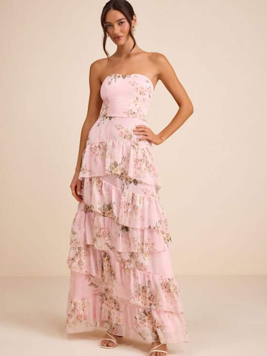 Lulus Dresses & Skirts - Lulus Niyati Blush Floral Strapless Tiered Maxi Dress Pink - Size L
